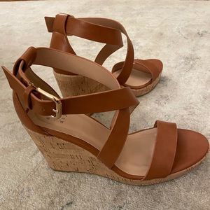 Brown leather cork wedge sandals size 6.5